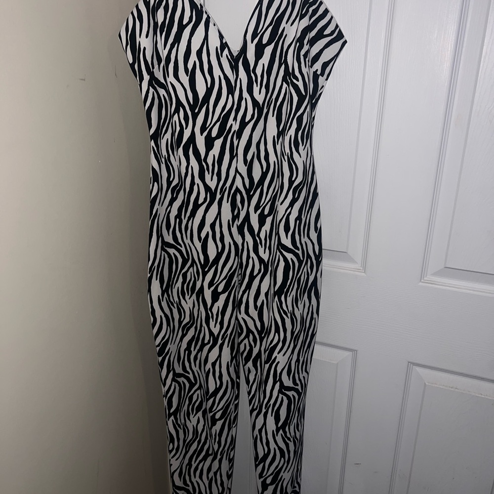 Black & White Zebra Print Jumpsuit - Women's Sleeveless V-Neck